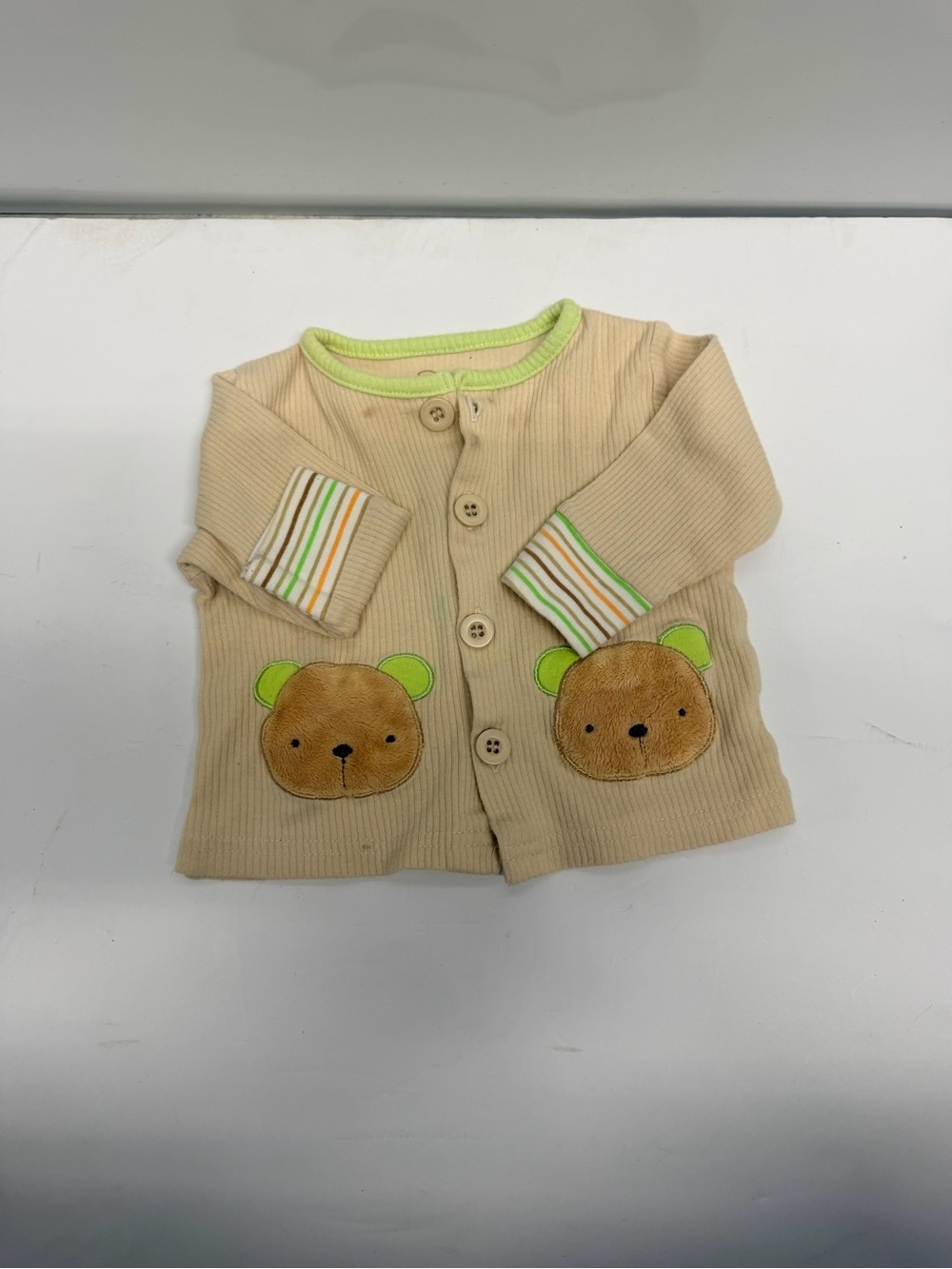 Beige Bear Appliqué Baby Cardigan with Green Trim